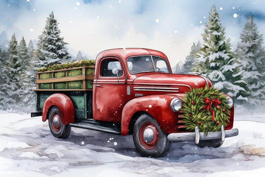 Christmas vintage rustic red pickup truck with wreath in snow, watercolor painting, winter holiday season