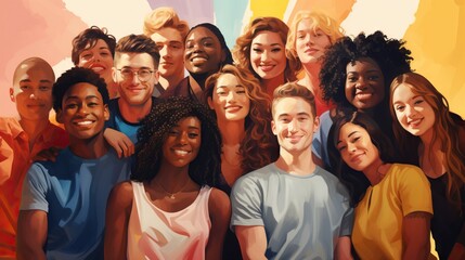 Multicultural group standing together, showcasing diversity and vibrancy. Diversity and unity - obrazy, fototapety, plakaty