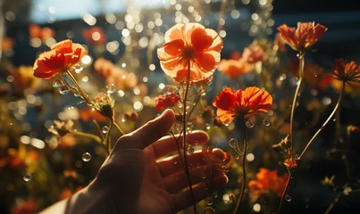 Foto auf Acrylglas Hand holding a red poppy flower in the field, rorange ed flowers blossom outdoors, botanical garden in summer, beautiful floral field in springtime, hand picking a flower © Neat Design Studio