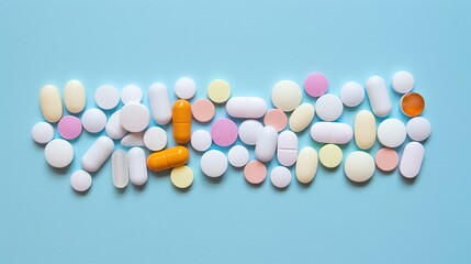 Multicolored medication on blue backdrop. Colorful pills and tablets on blue background.