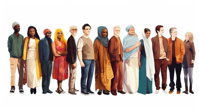 Multicultural group of people standing together in different colors, representing diversity.