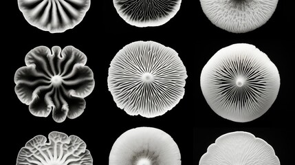 A striking black and white display of mushroom spore prints, arranged in a captivating and symmetrical pattern - obrazy, fototapety, plakaty