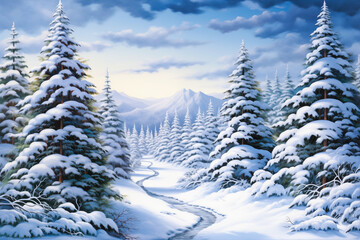 Naklejka premium Snow covered winter forest wilderness landscape painting