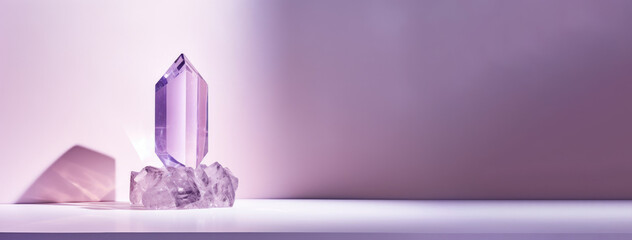 A banner with a large, clear quartz crystal with a pointed tip, surrounded by smaller crystals, set against a soft purple backdrop