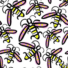 seamless pattern with bee in doodle style in vector.flying insect in flat style.object for wrapping prints backgrounds wallpaper
