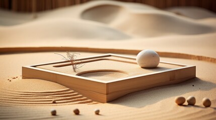 A miniature Zen garden with a single round stone and fine sand patterns, inviting contemplation and inner peace