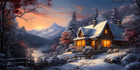Rural home in the snowy winter forest at sunset painting, Christmas season, old fashioned, wide banner, copyspace