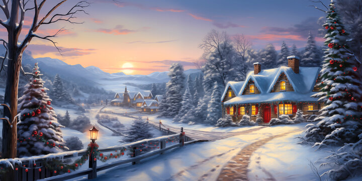 Homes in the snowy winter forest with decorated outdoor Christmas trees, wide banner, painting