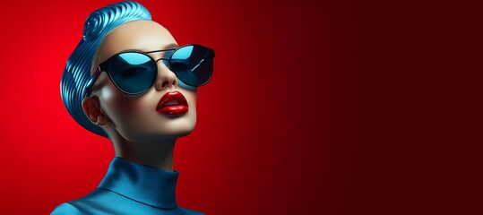 Close up portrait of model posing. Minimal concept of woman from future with red lipstick, blue hair, sunglasses and latex suit. Concept of fashion, elegance and style. Background with copy space 