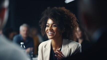 Black woman presenting in front of a group.Presenter giving a talk to an audience.