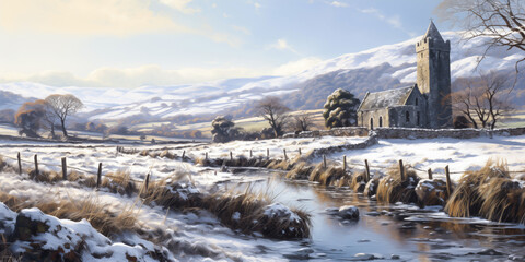 Stone church in snow covered winter landscape, Ireland, painting, wide banner, copyspace - obrazy, fototapety, plakaty