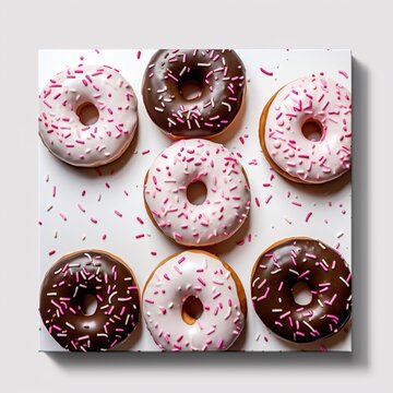 donuts framed picture on white background with pink sprinkles bizarre juxtapositions