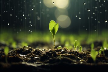 green seeds sprout under the ground in the rain