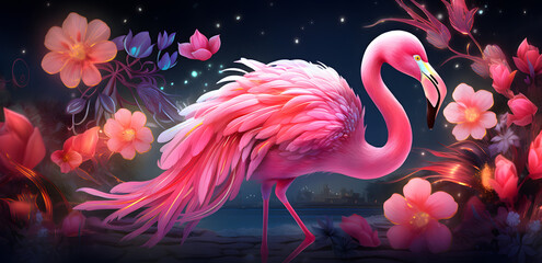 Pink flamingo surrounded with flowers and dark neon background 