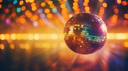A disco ball on a table with colorful bokeh lights illuminating the surroundings. - obrazy, fototapety, plakaty