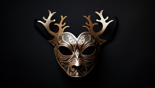 antique style ornate deer face mask on black background, artistic design, Generative Ai