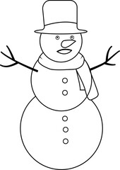 Cute Snowman Character, Black And White Coloring Page Outline Of A Snowman, Snowman wearing hat and scarf