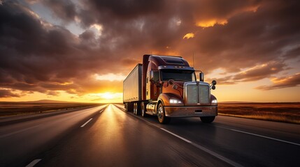 A semi truck transporting goods on a road at sunset, representing the concept of transport logistics