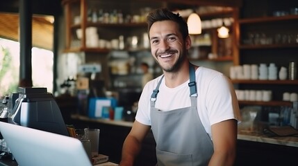 Fototapeta premium A man in an apron stands in a restaurant,smiling.Happy in his new job,working alongside other people