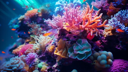 Coral reef underwater abstract background marine ecosystem underwater sea view. Wallpaper - obrazy, fototapety, plakaty