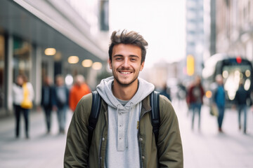 A young man wearing a green jacket and a grey hoodie smiles for the camera