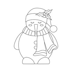 Christmas snowman in a scarf and hat with a sprig of mistletoe and berries. Winter holiday element.