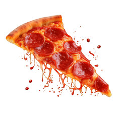 A piece of pizza in flight. Isolated on a transparent background. Cut out. PNG.