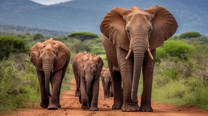 Elephant Elegance: A family of elephants on a peaceful journey, emphasizing the social bonds and intelligence of these gentle giants.