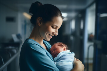 Smiling female nurse holding small newborn baby in hospital - obrazy, fototapety, plakaty
