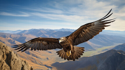 Naklejka premium Golden Eagle Soar: An awe-inspiring image of a golden eagle soaring high above rugged mountain terrain, representing the resilience of avian species.