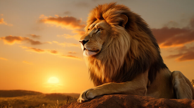 Lion's Pride: A regal portrayal of a lion and its pride against the backdrop of the African sunset, showcasing the circle of life in the wild.