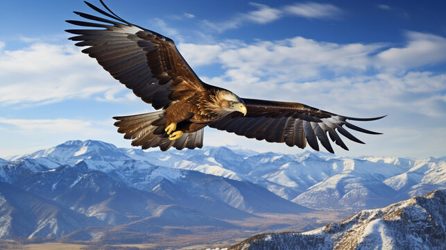 Golden Eagle Soar: An awe-inspiring image of a golden eagle soaring high above rugged mountain terrain, representing the resilience of avian species.