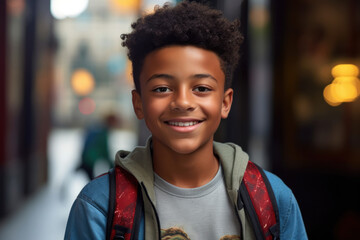 A young boy with a backpack smiles for the camera