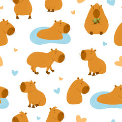 Seamless pattern. Cute capybaras