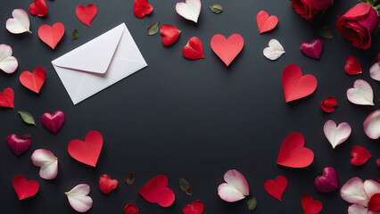 Valentine Paper Hearts and Petals on Dark Background	with Room for Text