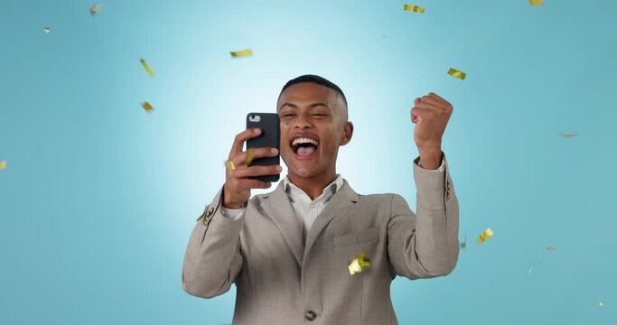 Business phone, celebration confetti and happy man reading news, giveaway announcement or studio competition info. Cellphone notification, promotion achievement or corporate winner on blue background