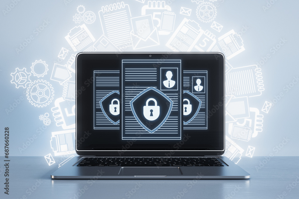 Poster close up of laptop with creative digital security padlock sketch on concrete wall background. secure