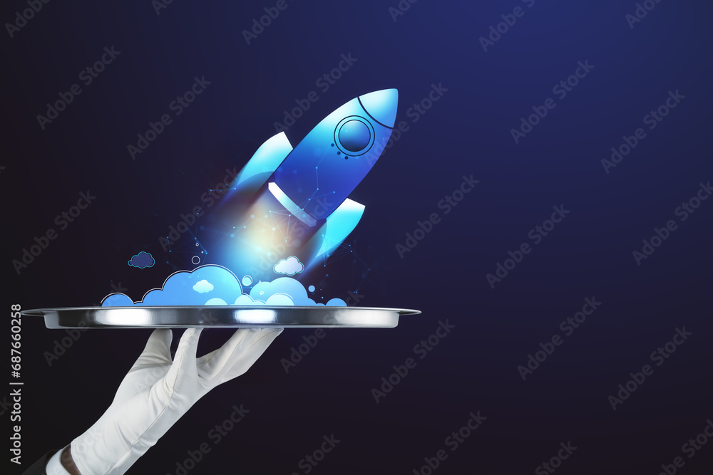 Poster digital rocket served on a platter. start up and service innovation concept