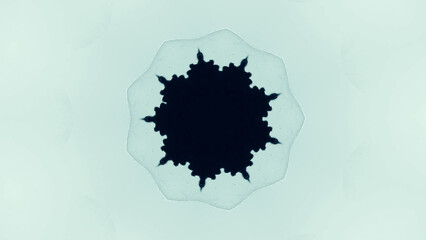 Ink drop in water. Paint blot. Black round snowflake shape symmetrical design on light blue empty space art illustration abstract background.