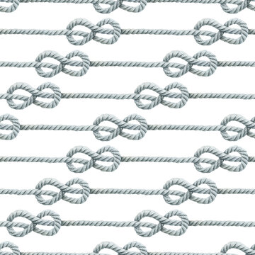 Seamless pattern of white watercolor knotted ropes realistic cords eight knots. Hand drawn illustration. Nautical thread whipcord with loops and noose on white background. Hand painted elements.