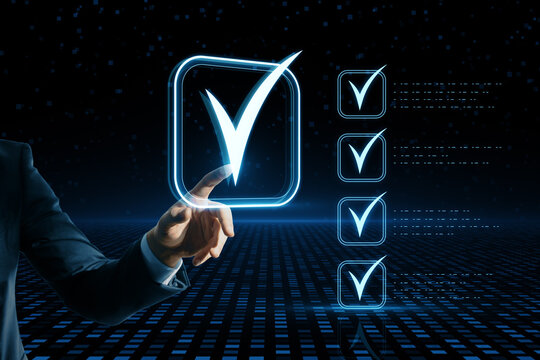 Business professional activating digital checkmarks on a futuristic blue interface. Efficiency concept