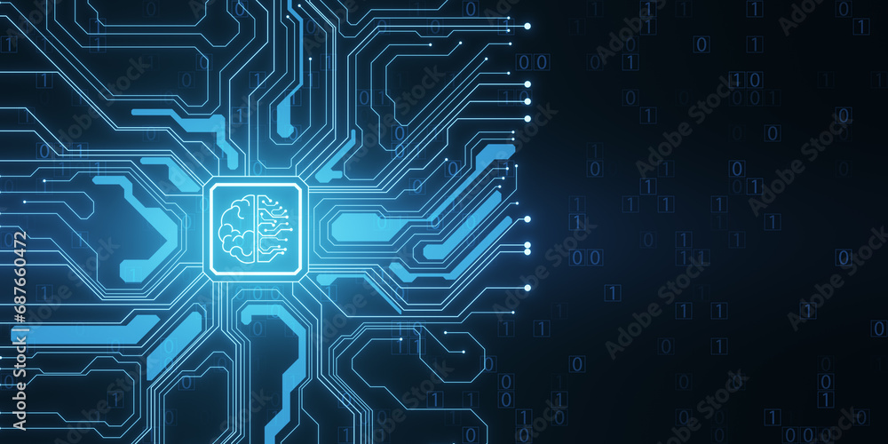 Aufkleber Abstract brain and binary code circuit on blue background. Chip, data, ai, and future concept. 3D Rendering.