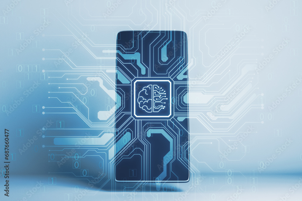 Poster Close up of mobile phone with abstract brain and binary code circuit on blurry background. Chip, data, ai, and future concept. 3D Rendering.