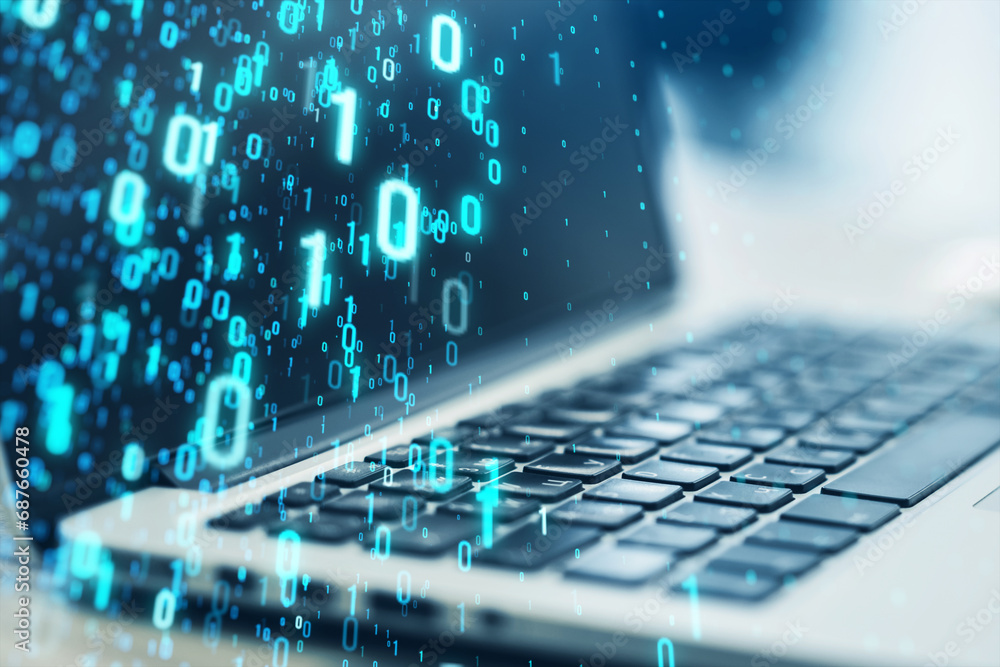 Fototapete Close up of laptop with creative binary coding on blurry background. Matrix and security concept. Double exposure.
