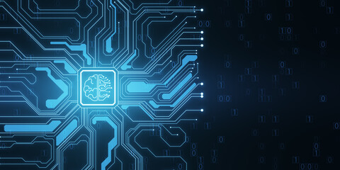 Abstract brain and binary code circuit on blue background. Chip, data, ai, and future concept. 3D Rendering.