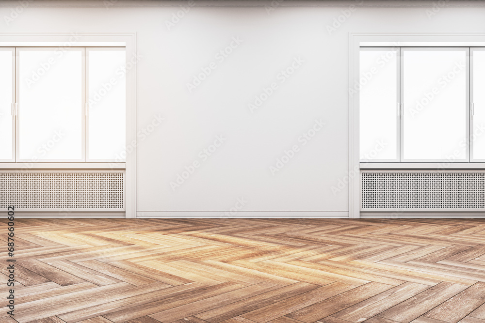 Poster modern gallery interior with empty mock up place on wall, wooden flooring and windows. 3d rendering.