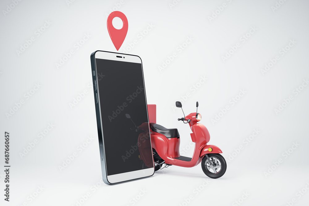 Aufkleber Smartphone with location pin and scooter model symbolizing delivery service application. 3D Rendering