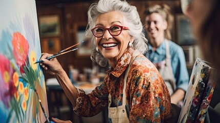 Senior woman enjoys painting - Powered by Adobe