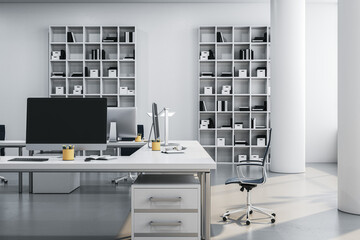 Modern coworking office interior with bookcases, furniture, equipment and computer monitors. 3D Rendering.