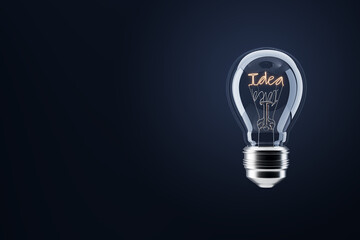 Illuminated lightbulb with 'Idea' as the filament on a dark blue background. Conceptual creativity. 3D Rendering